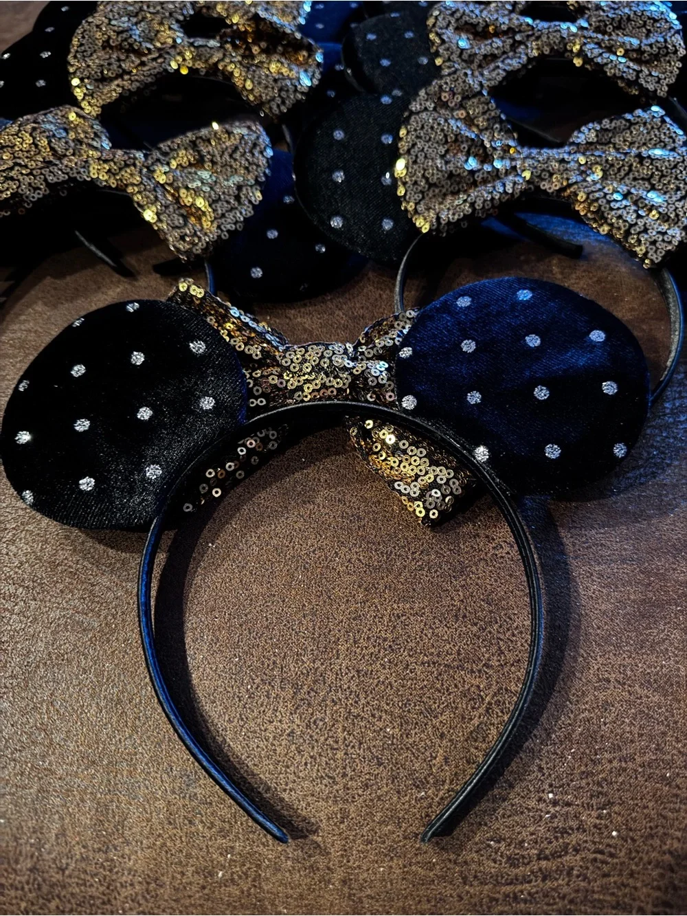 Bulk Lot-9 New Gold Sequin Bow, Glitter Dot Minnie Ear Headbands-Wholesale Cost